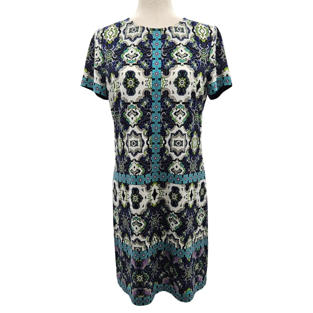 London Times Womens Size 10 Blue‎ Green Kaleidoscope Geometric Shift Dress